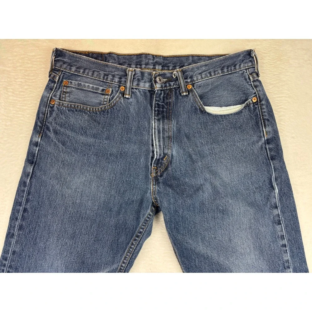 Levis 505 Mens 34x29 Jeans Medium Blue Grungy Wash Denim Nice High Low Fades